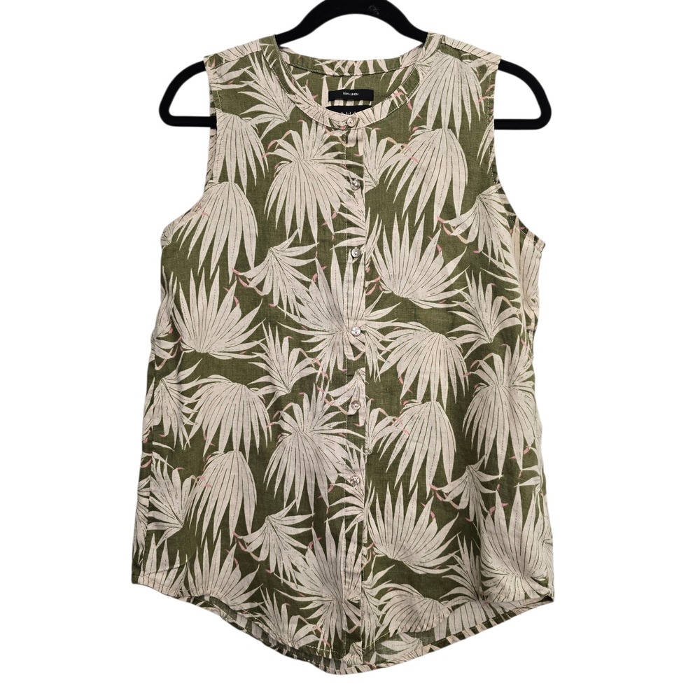Tahari Womens Sleeveless 100% Linen Button Down‎ Tropical Palm Print Top Olive S